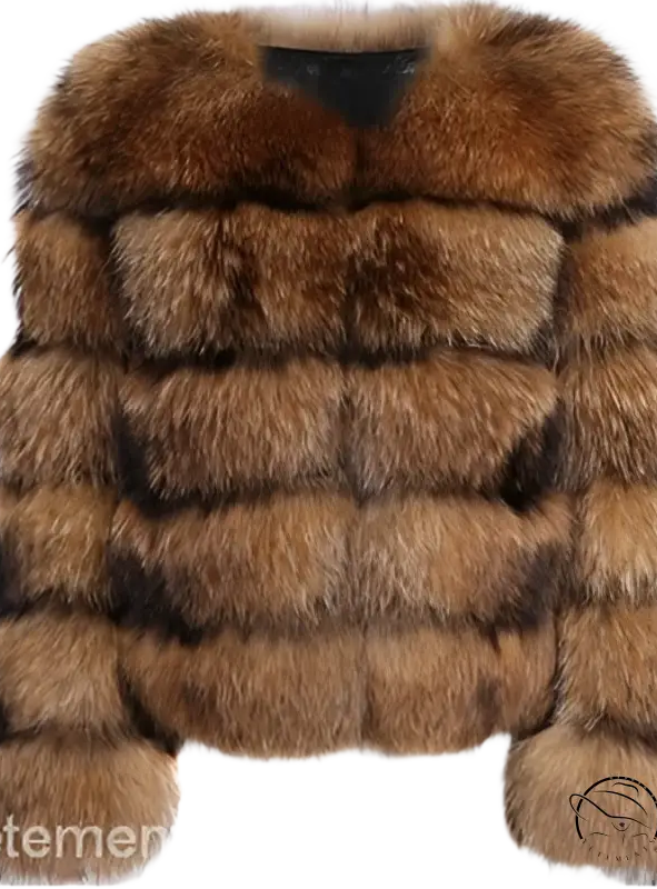 Elegant imitation raccoon fur coat with plush brown fox fur bands and fluffy collar