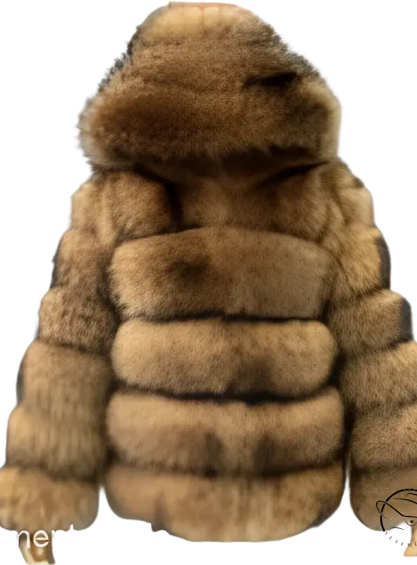 Elegant imitation raccoon fur coat in plush tan with hood and ribbed panels