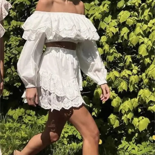 White off-shoulder lace dress with puffy sleeves and belted waist, ideal for jacquard ultra short style