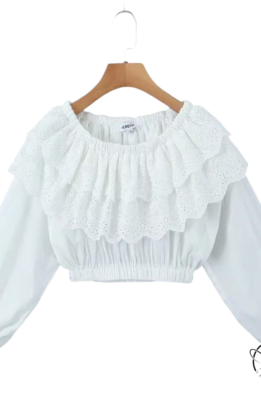 White organza jacquard ultra short high waist crop top with ruffles