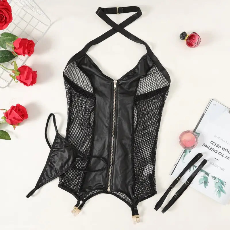 Black mesh and leather halter lingerie bodysuit with sexy slim elastic stitching and front zipper
