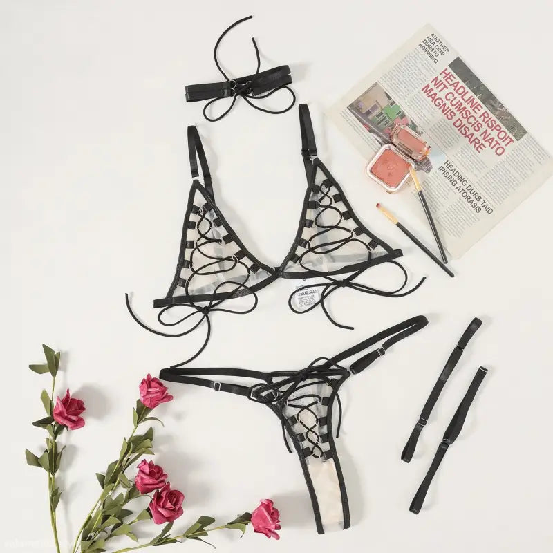 Black lingerie set with floral accents from Elegant Lace and Tulle Suit featuring mesh strap stitching, sexy suit with free shipping
