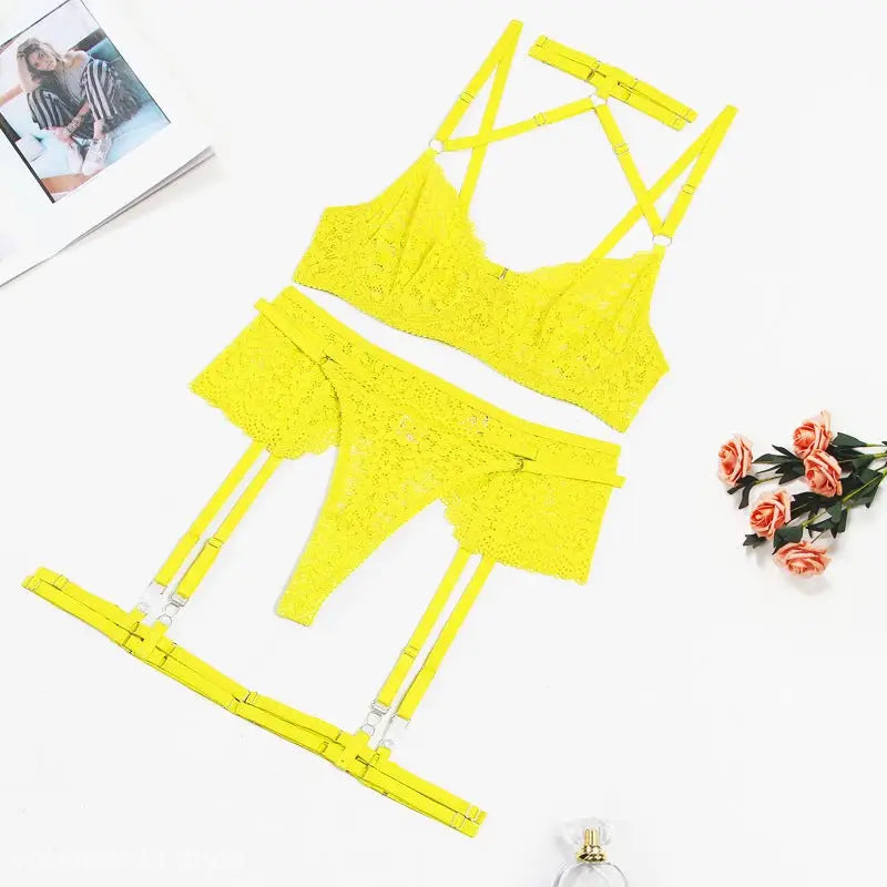 Yellow lace lingerie set from Elegant Lace Solid Cutout Halter Lingerie Set, perfect for sexy halter lingerie
