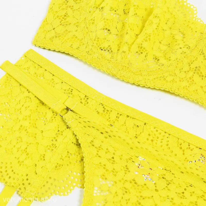 Yellow lace lingerie set from Elegant Lace Solid Cutout Halter Lingerie Set, perfect for sexy halter lingerie enthusiasts