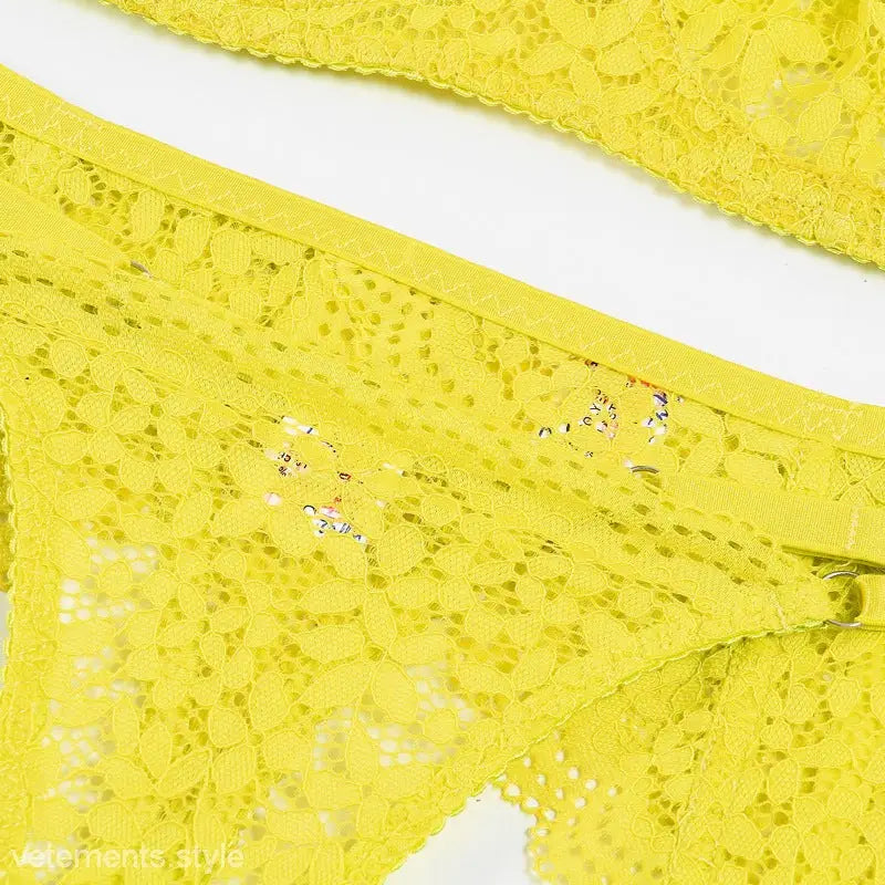Yellow lace lingerie set featuring sexy halter design from Elegant Lace Solid Cutout Halter Lingerie Set