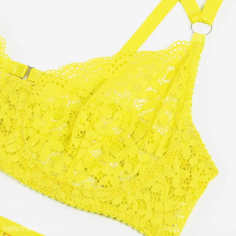 Yellow lace bra from Elegant Lace Solid Cutout Halter Lingerie Set, a sexy halter lingerie piece