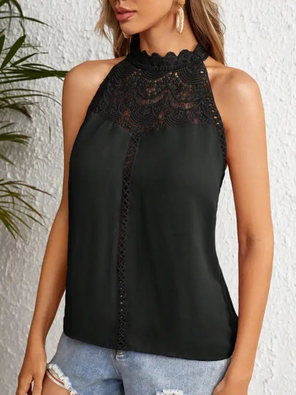 Elegant lace gas black sleeveless top with lace detailing at neckline and center front in Leather Red Corset with free shipping