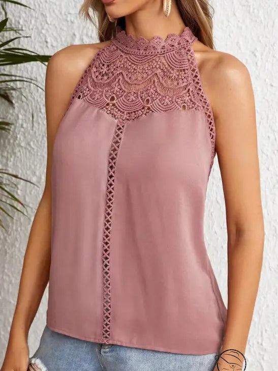 Sleeveless pink blouse with intricate lace detailing, part of Leather Red Corset collection, free shipping available