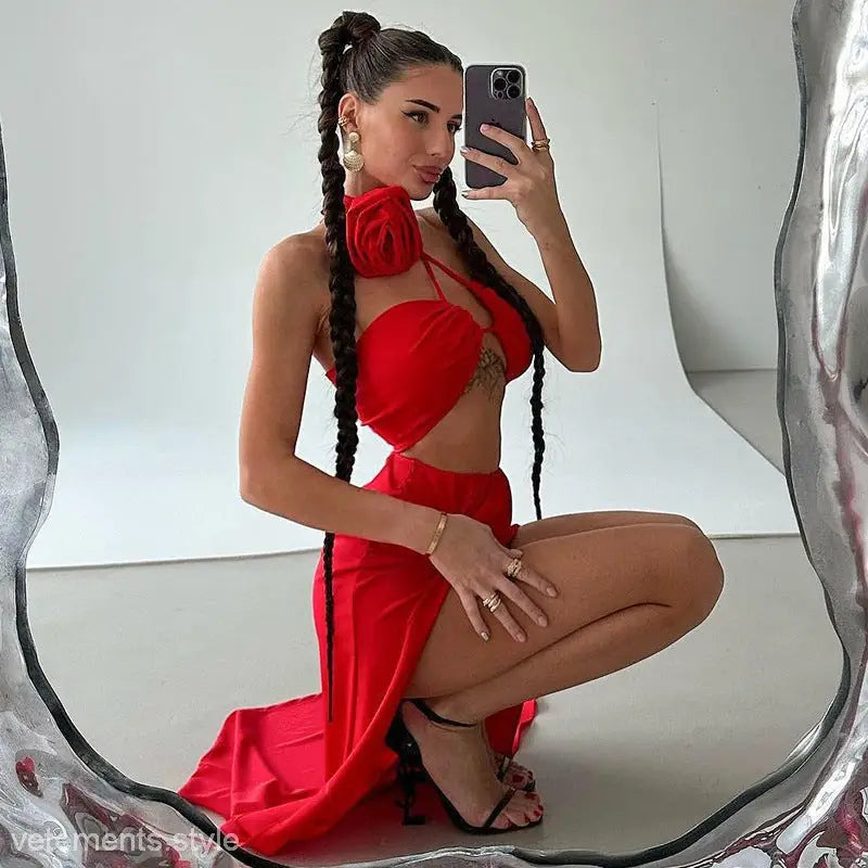 Woman in red dress taking selfie showcasing Elegant Lace Wrapped Chest Crop Top with floral decorative lace