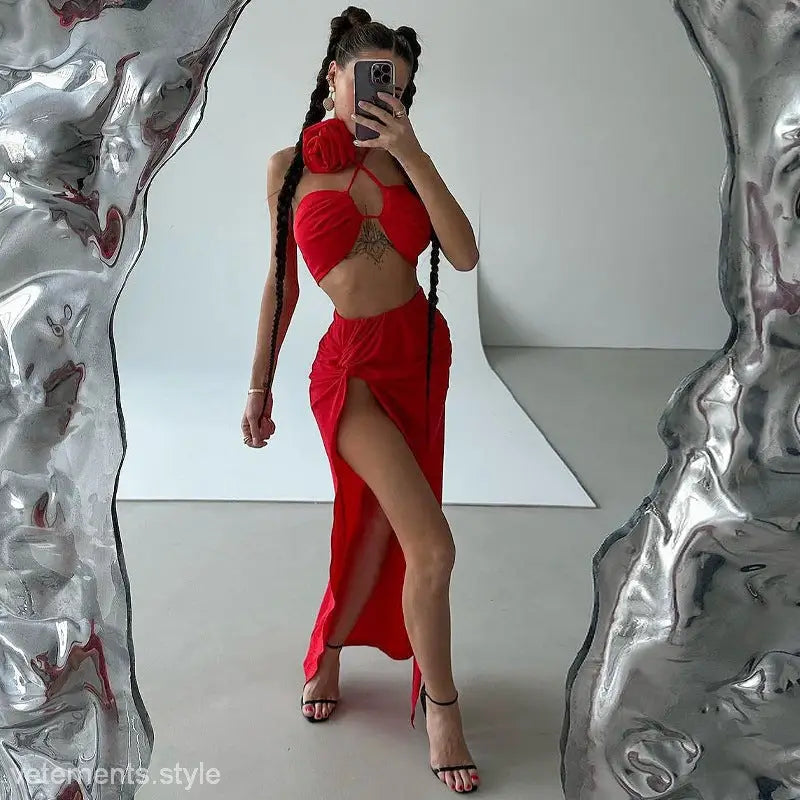 Woman in red lace wrapped chest crop top with floral decorative lace design