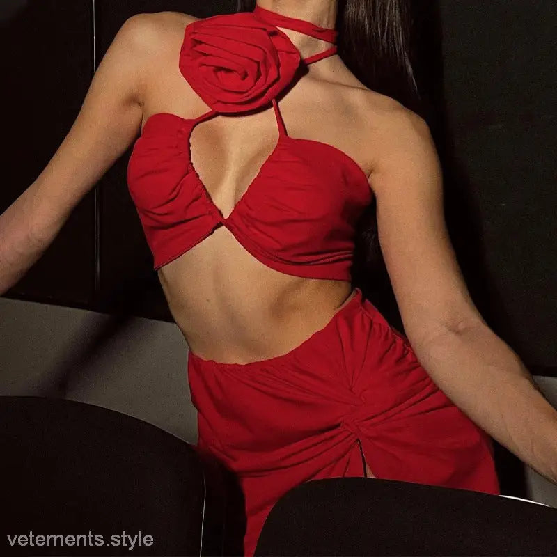 Red two-piece dress with floral decorative lace and lace wrapped chest detail