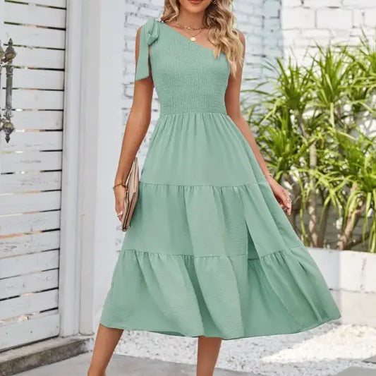 Mint green shoulder pleated layered slit dress from Elegant Layered Slit Dress collection
