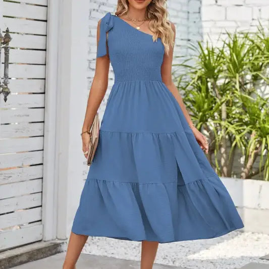 Blue one-shoulder midi dress with pleated layered slit design for elegant evening wear