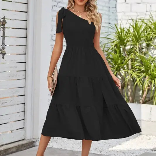 Woman wearing Elegant Layered Slit Dress with shoulder pleated layered design