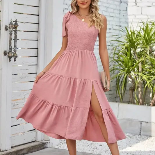 Pink one-shoulder midi dress with shoulder pleated layered design and slit detailing