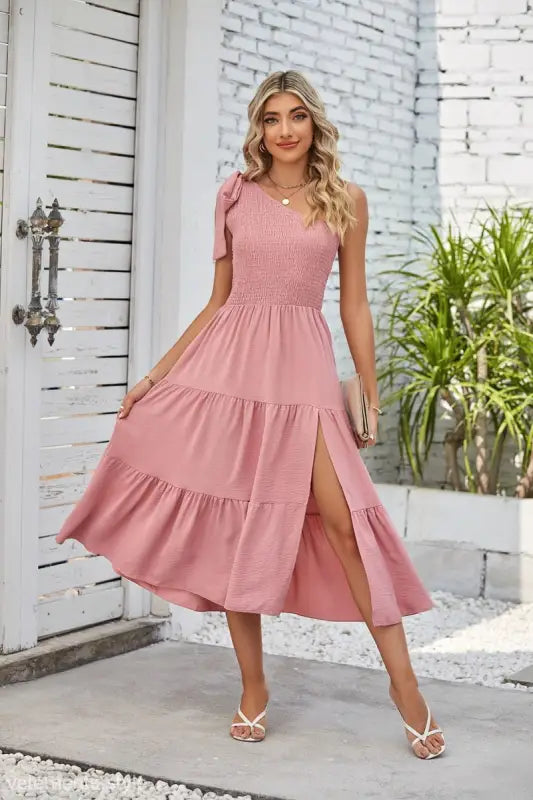 Pink one-shoulder midi dress with shoulder pleated layered design and slit detailing