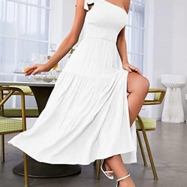 White one-shoulder layered slit midi dress with pleated detailing for elegant style