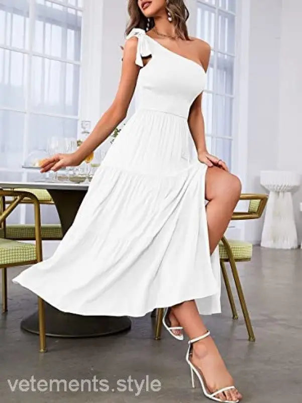 White one-shoulder layered slit midi dress with pleated detailing for elegant style