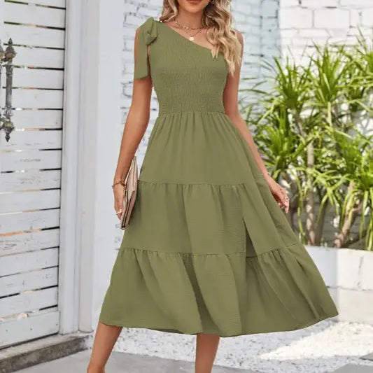 Olive green shoulder pleated layered slit dress with one-shoulder design