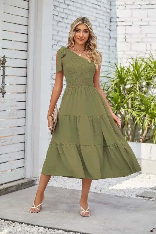 Olive green shoulder pleated layered slit dress with one-shoulder design