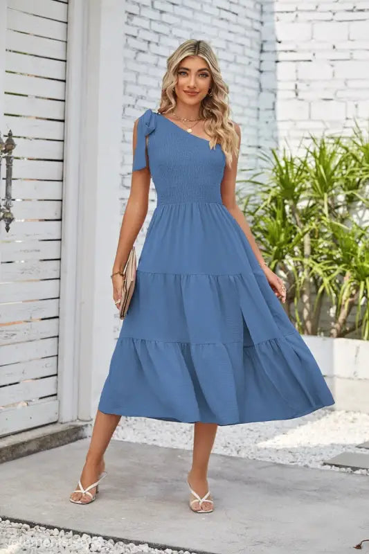Blue one-shoulder midi dress with shoulder pleated layered and slit detailing