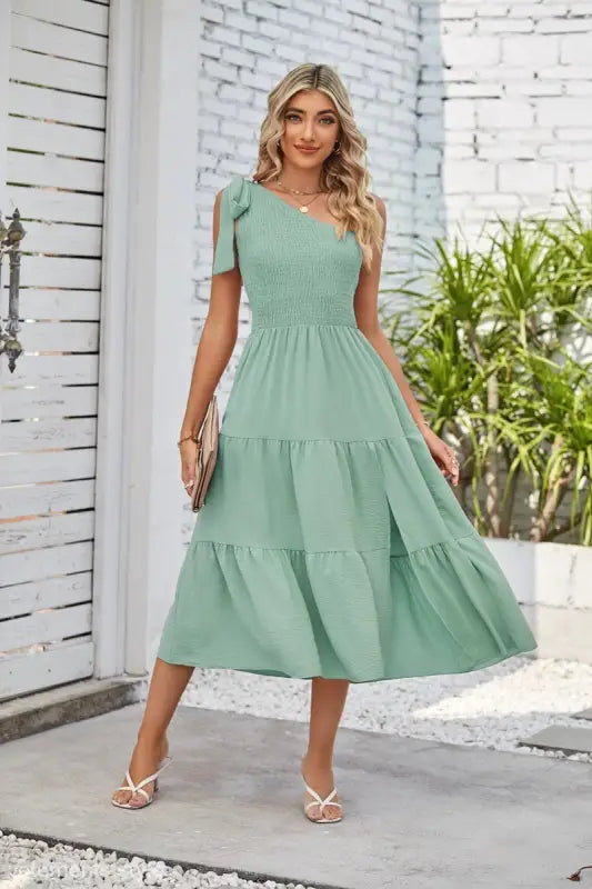 Mint green layered slit dress with shoulder pleated layered detailing for elegant style