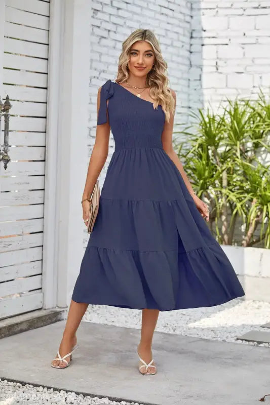 Navy blue shoulder pleated layered slit dress featuring one-shoulder design and pleated details