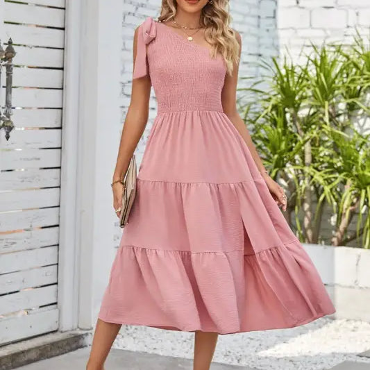 Pink shoulder pleated layered midi dress with slit from Elegant Layered Slit Dress collection
