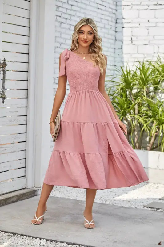 Pink shoulder pleated layered midi dress with slit from Elegant Layered Slit Dress collection
