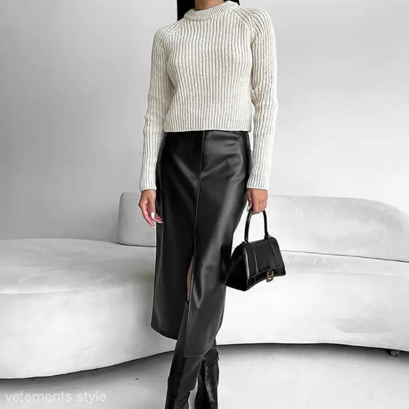 Woman’s fashion outfit featuring an Elegant Light Khaki Leather High Waist Slit Midi Skirt