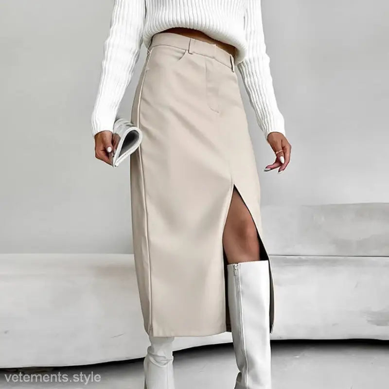 Elegant Light Khaki Leather High Waist Slit Midi Skirt showcasing beige faux leather fabric