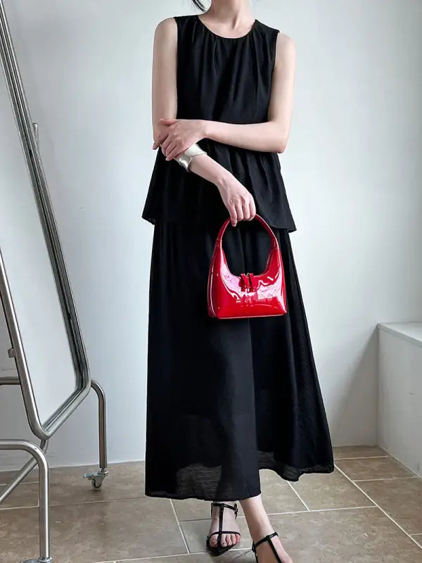 Sleeveless black tiered dress from Elegant Lightweight Loose Tencel collection