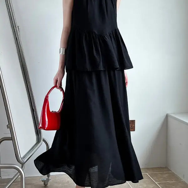 Black tiered sleeveless dress from Elegant Lightweight Loose Tencel Midi Top with Cutout Design
