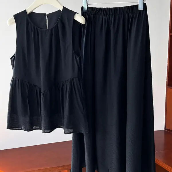 Elegant Lightweight Loose Tencel Midi Top with Cutout Design in Advanced Black Suit