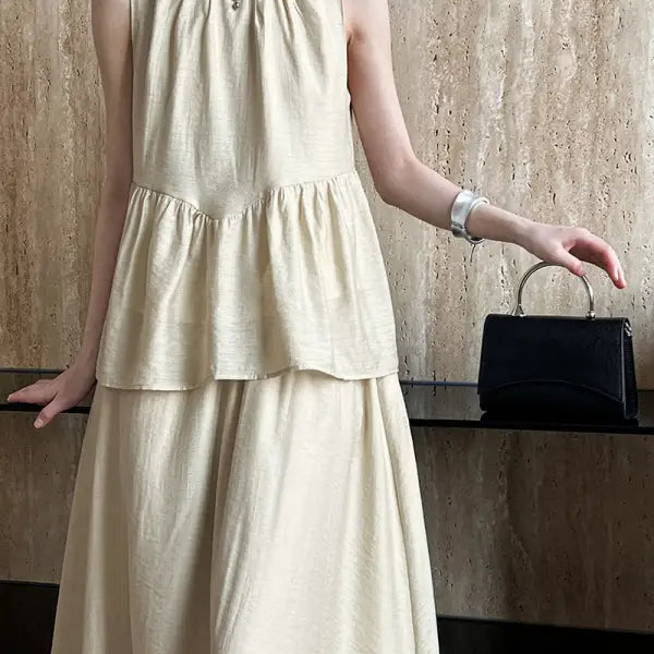 Beige tiered sleeveless dress from Elegant Lightweight Loose Tencel Midi Top collection