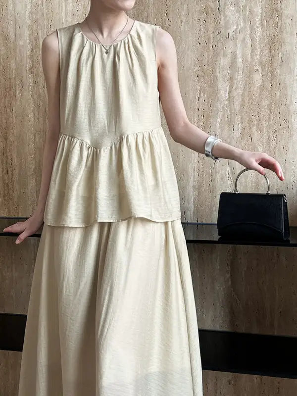 Beige tiered sleeveless dress from Elegant Lightweight Loose Tencel Midi Top collection