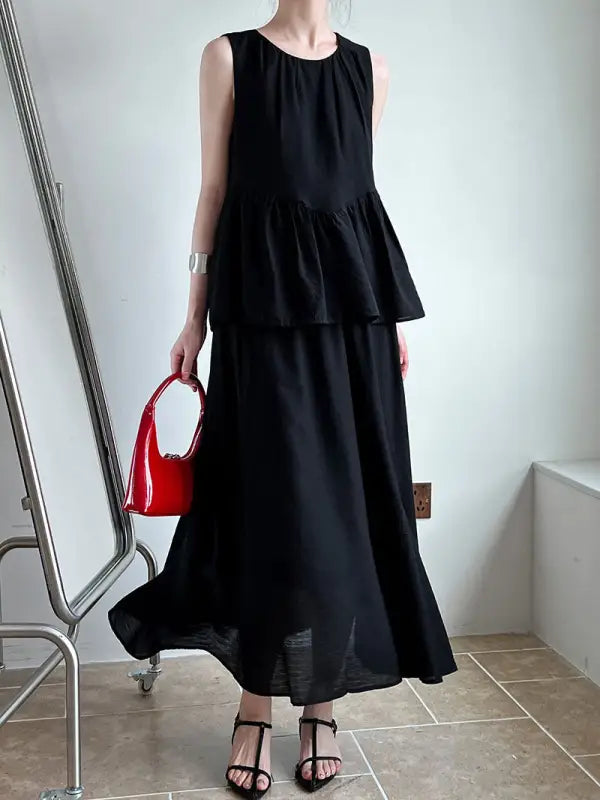 Elegant Lightweight Loose Tencel Midi Top with Cutout Design in Advanced Black Color