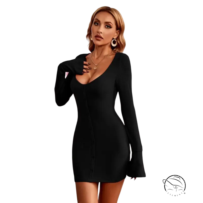 Elegant long sleeve bodycon dress in form-fitting black with plunging neckline