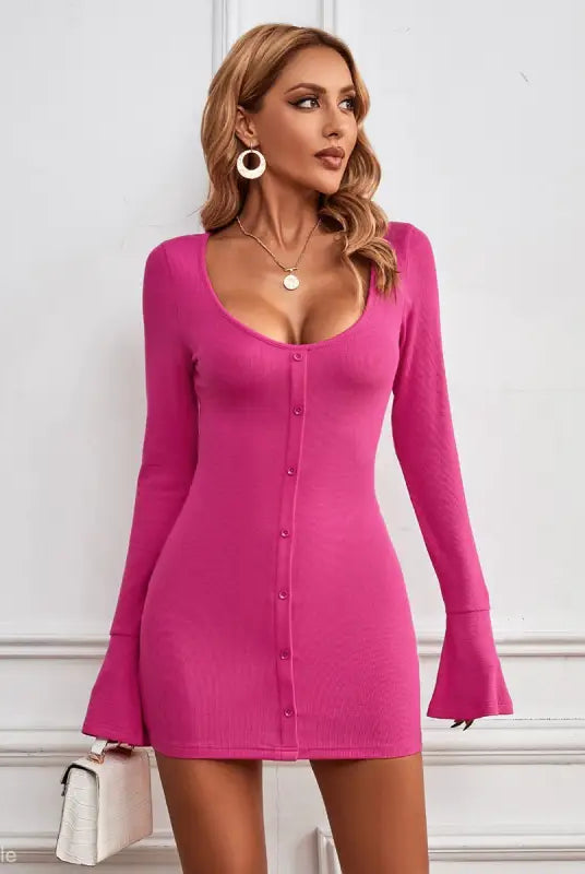 Vibrant pink knitted elegant dress with long sleeves and button-front for parties and clubs