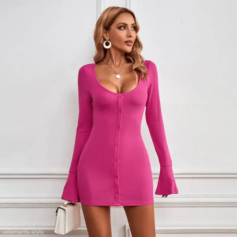 Vibrant pink knitted elegant dress with long sleeves and button-front for parties and clubs