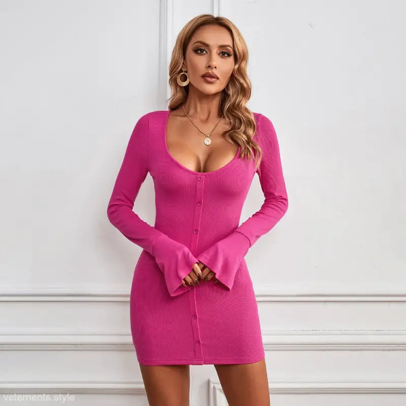 Vibrant pink knitted elegant dress with long sleeves and low scoop neckline for parties