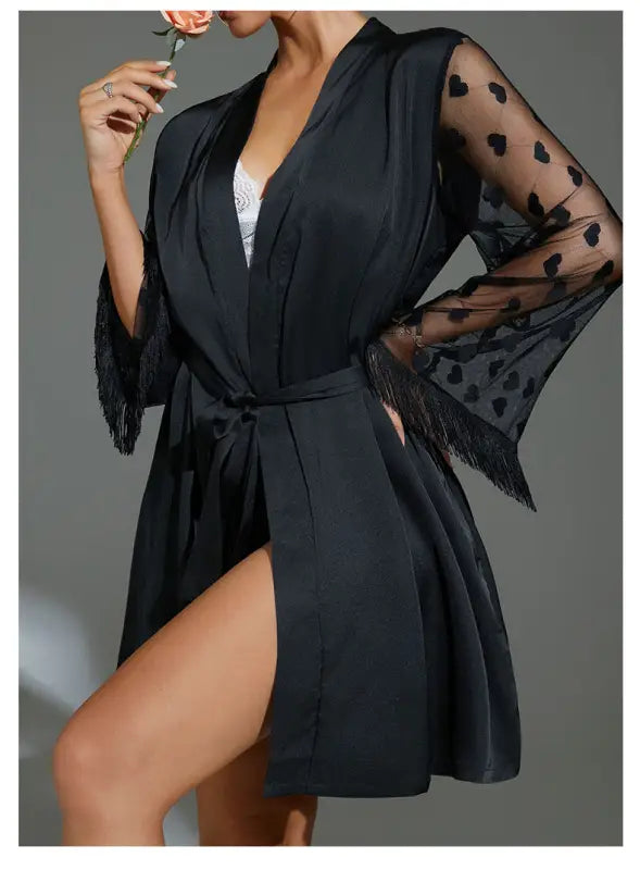 Black satin short ice silk robe with sheer heart-patterned sleeves and tie waist