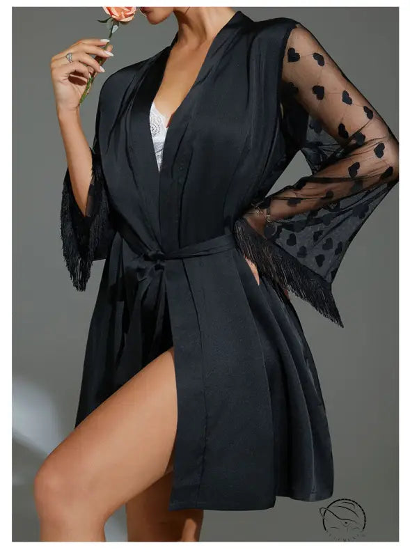 Elegant ice silk robe morning gown with black satin, sheer heart sleeves