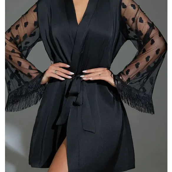 Black satin ice silk robe with sheer heart-patterned sleeves and fringed cuffs