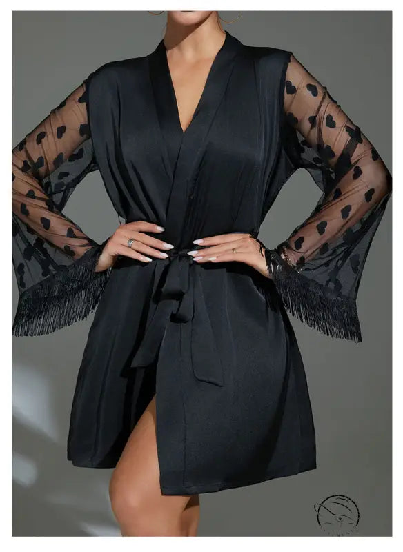 Elegant ice silk robe with sheer heart sleeves and fringed cuffs