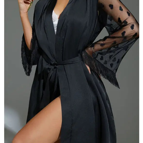 Black satin short robe with sheer heart-patterned sleeves and fringe cuffs, perfect as a gown ice silk