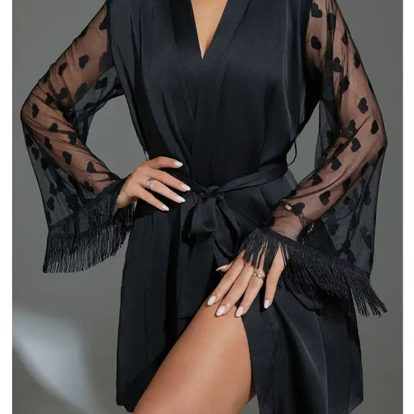 Black satin ice silk robe with sheer heart-patterned sleeves and fringed cuffs