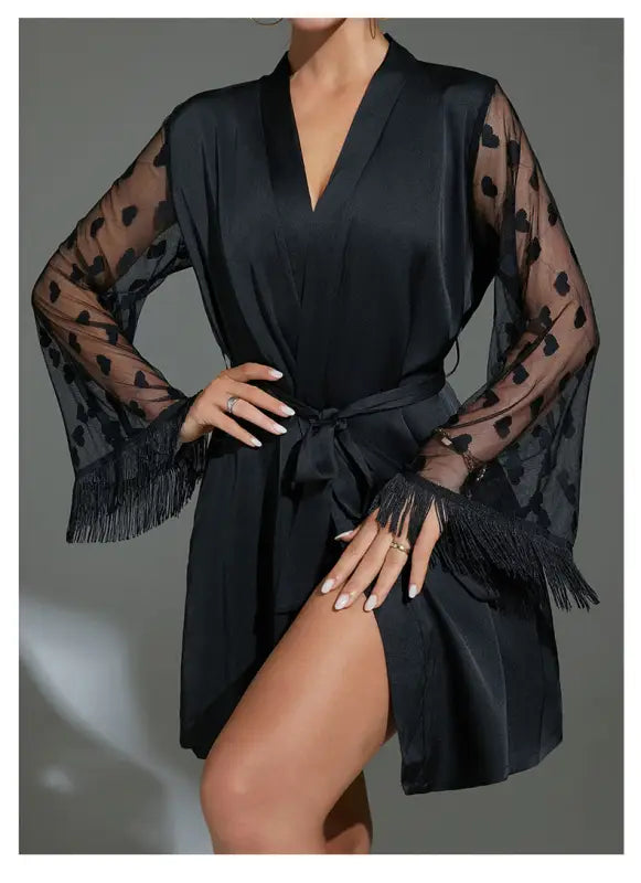 Black satin ice silk robe with sheer heart-patterned sleeves and fringed cuffs