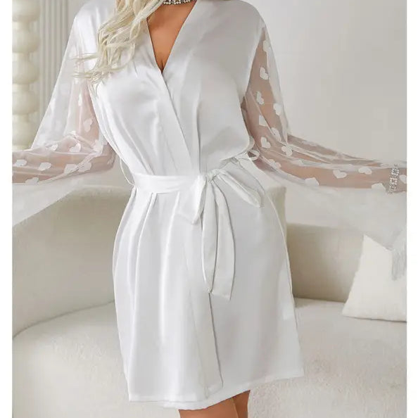 White satin ice silk robe with sheer polka-dot sleeves from Elegant Long Sleeve Morning Gown Ice Silk collection