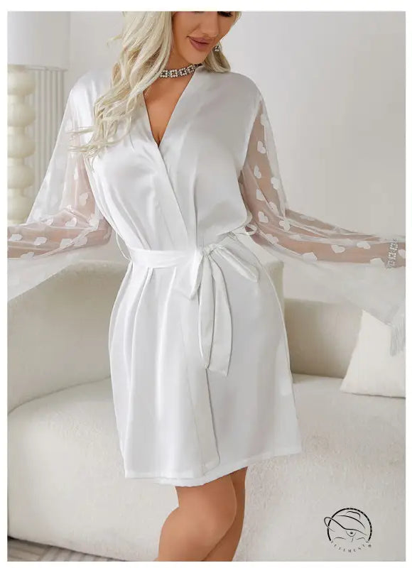 White satin ice silk robe with sheer polka-dot sleeves from Elegant Long Sleeve Morning Gown Ice Silk collection